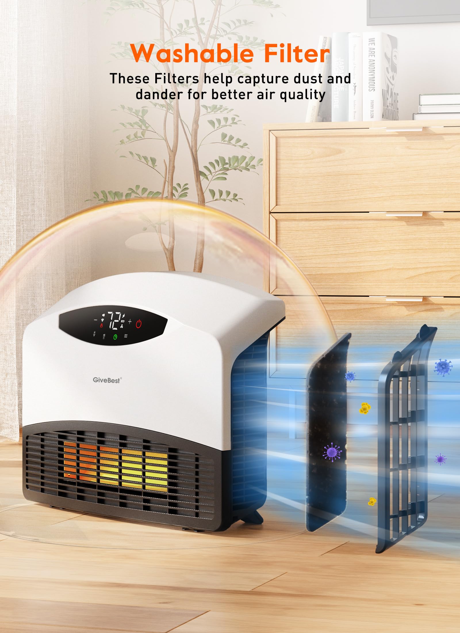 GiveBest 1500W WiFi Electric Floor/Wall Mount Heater - Remote Control & 3 Heating Modes (White)