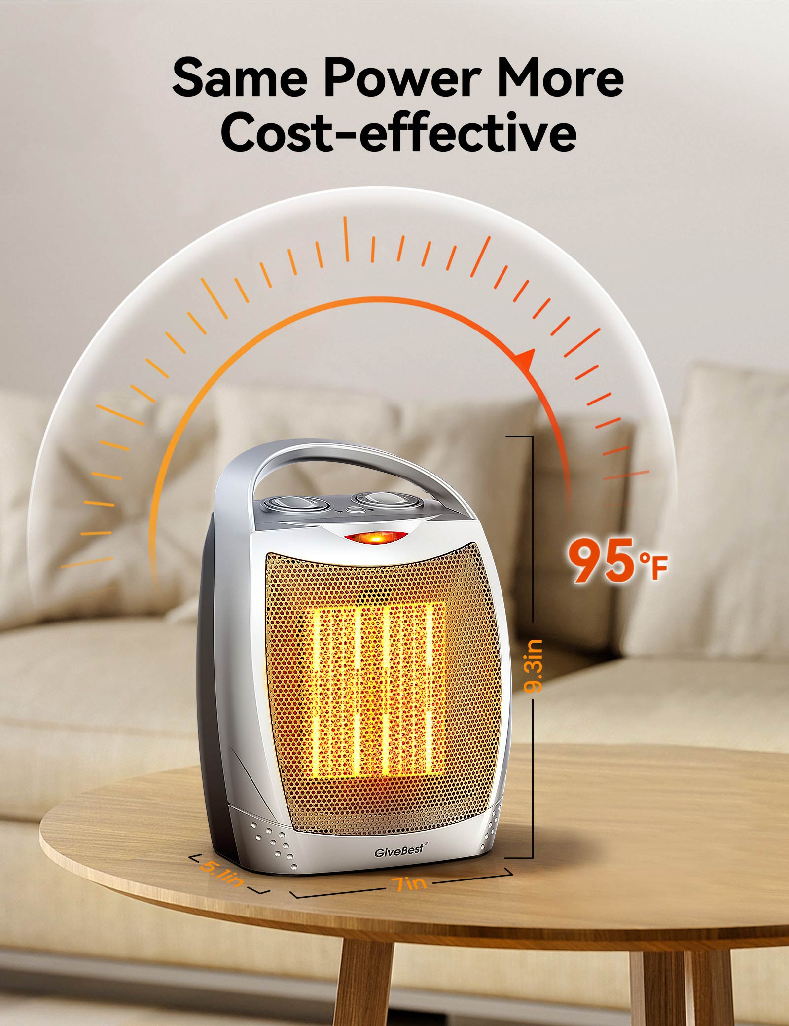 GiveBest 1500W Portable Ceramic Space Heater with Thermostat - Heats 200 Sq Ft, Silver