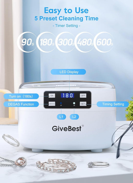 GiveBest 750mL Ultrasonic Jewelry Cleaner, with 5 Digital Timers & Degassing Function
