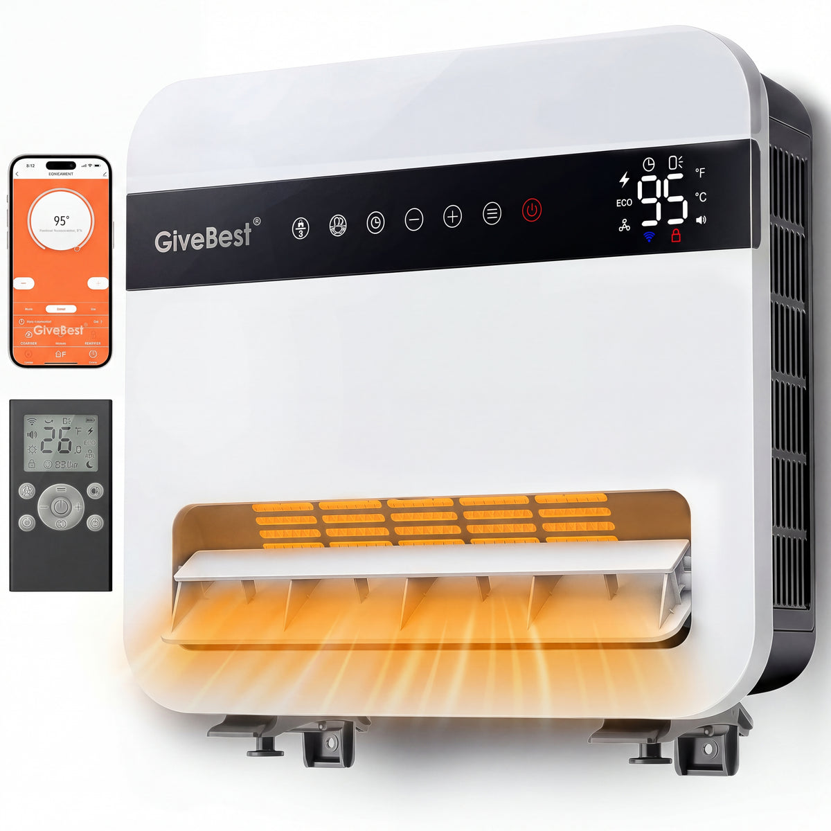 Givebest-Wall-Heater-for-Indoor-Use, 1500W Electric-Space-Heater, 120°Vertical Oscillation,Compatible with Alexa, Adjustable Thermostat, Remote Control, 24H Timer, Easy-mounted Heater for Indoor Use