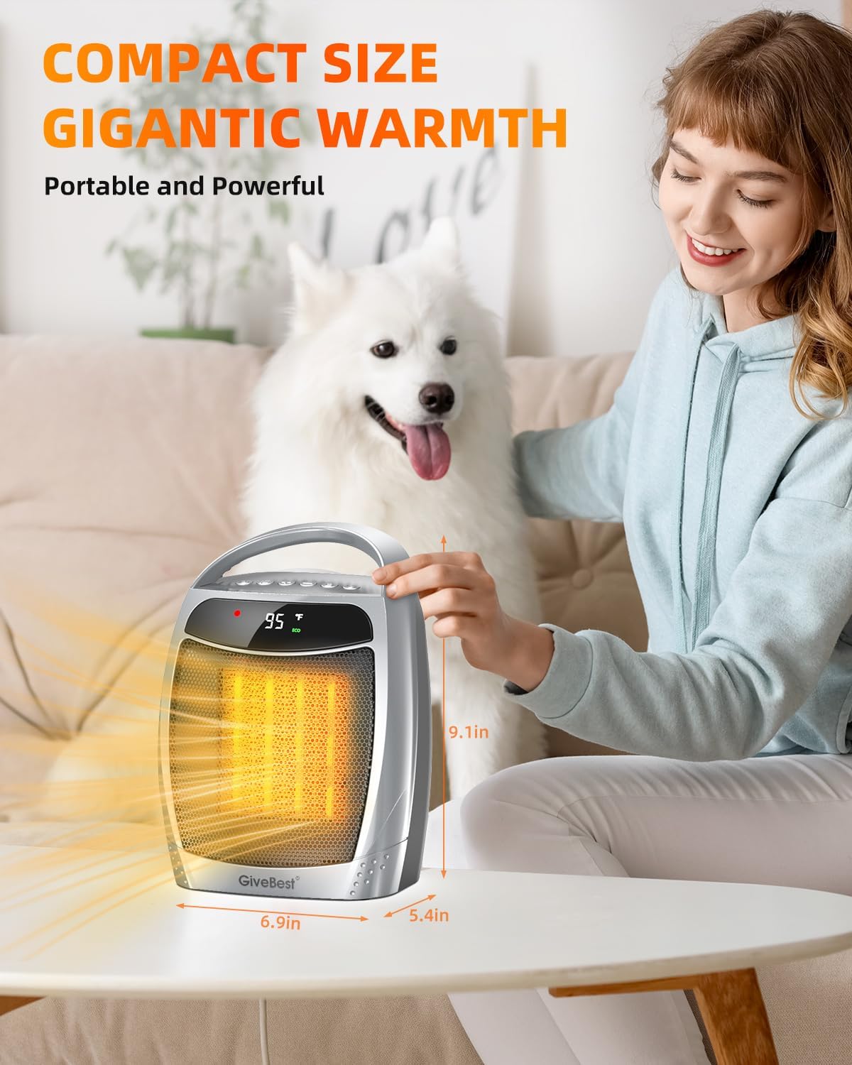 GiveBest 1500W Portable Space Heater - PTC Ceramic Fast Heating with Remote, Timer, Eco Mode for Indoor Use