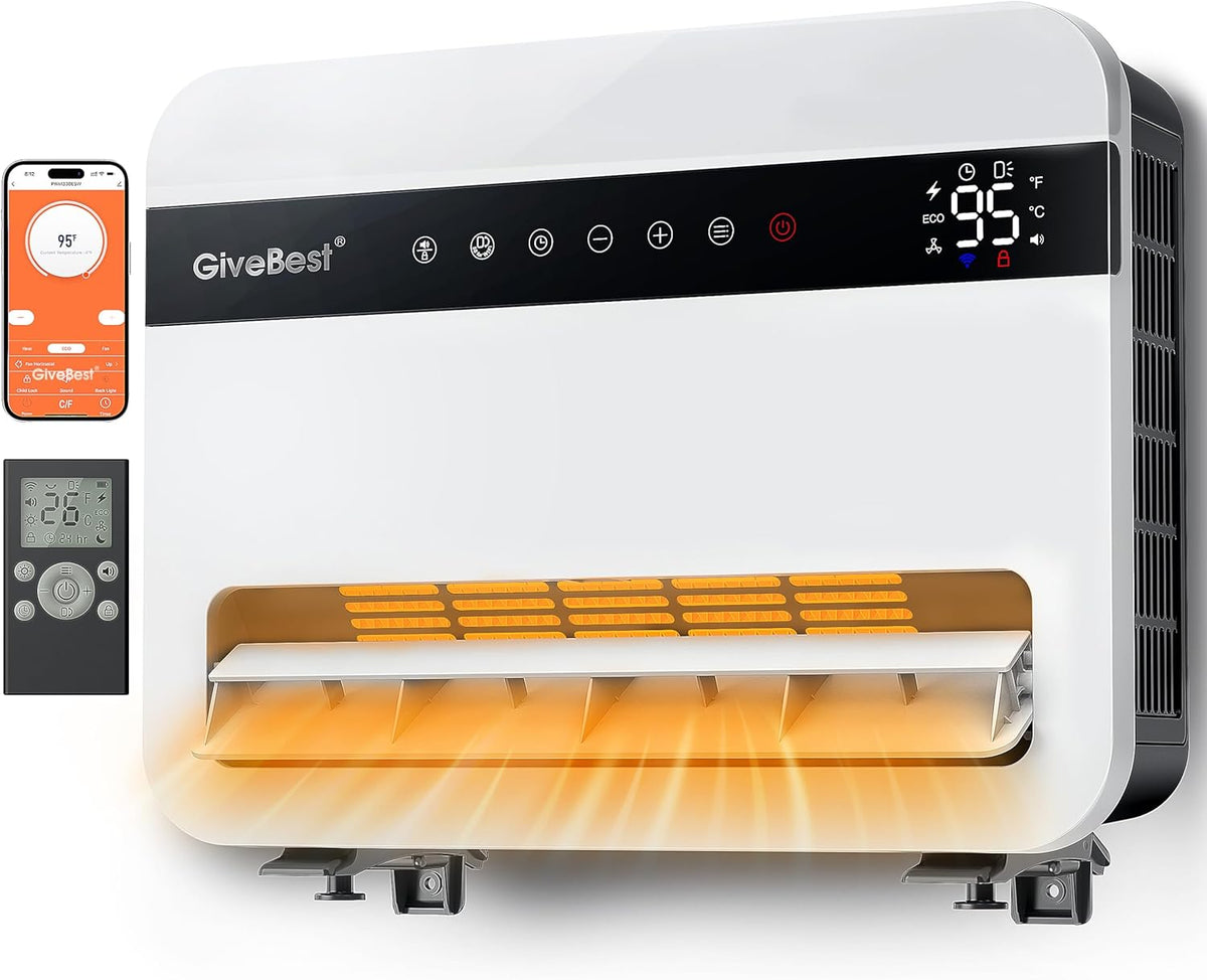Givebest-Wall-Heater-for-Indoor-Use, 1500W Electric-Space-Heater, 120°Vertical Oscillation,Compatible with Alexa, Adjustable Thermostat, Remote Control, 24H Timer, Easy-mounted Heater for Indoor Use