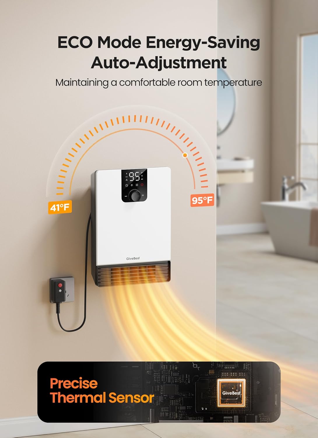 Wall Heater for Bathroom, 1500W Fast Heating Electric Space Heater with ALCI Plug, Adjustable Thermostat, 3 Heating Modes, 24H Timer