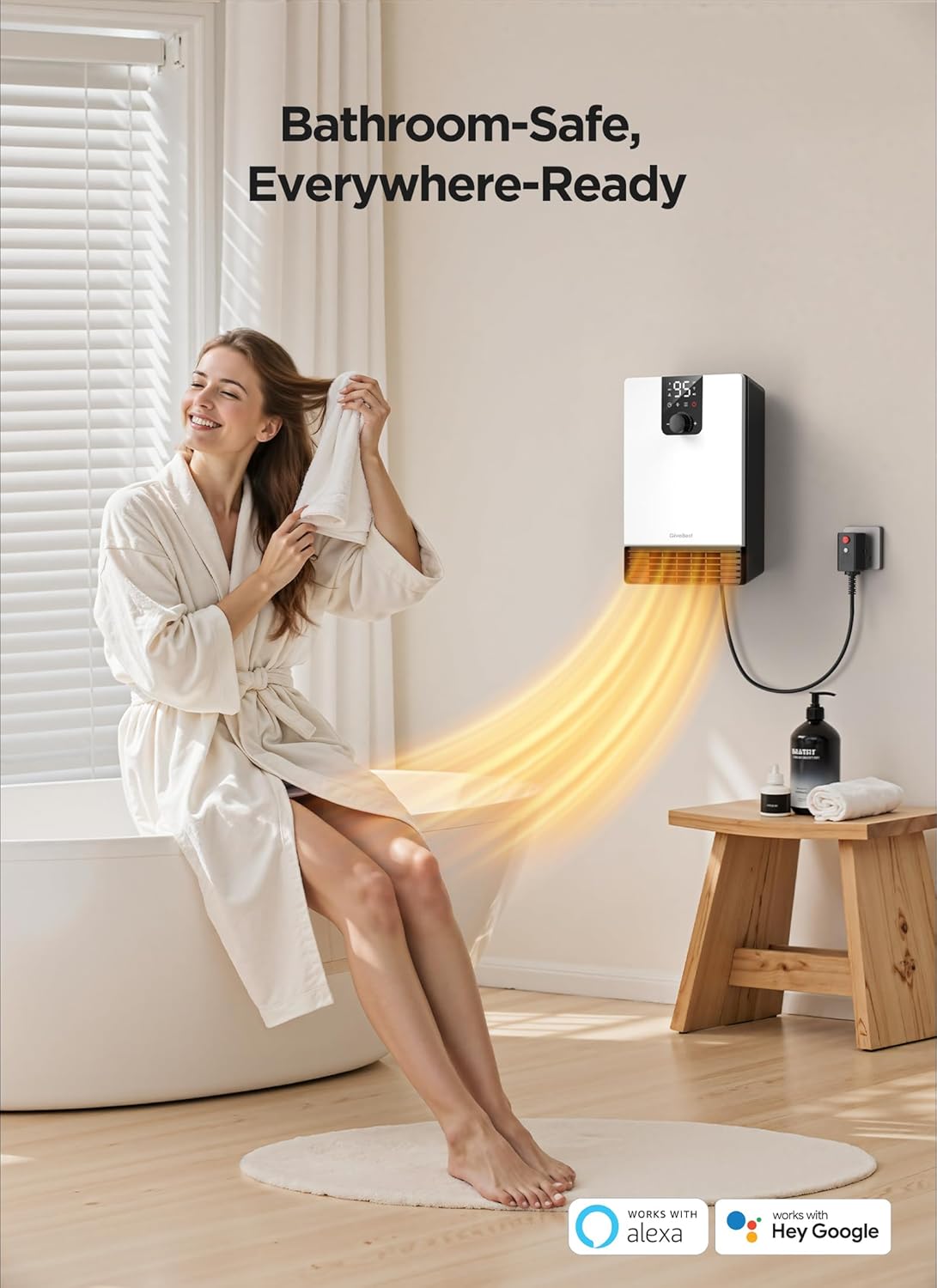 Wall Heater for Bathroom, 1500W Fast Heating Electric Space Heater with ALCI Plug, Adjustable Thermostat, 3 Heating Modes, 24H Timer