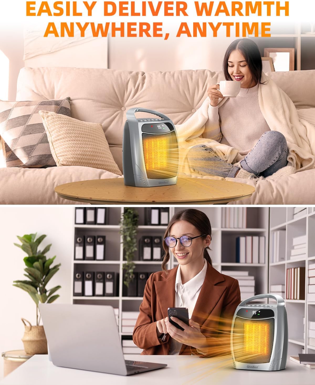 GiveBest 1500W Portable Space Heater - PTC Ceramic Fast Heating with Remote, Timer, Eco Mode for Indoor Use