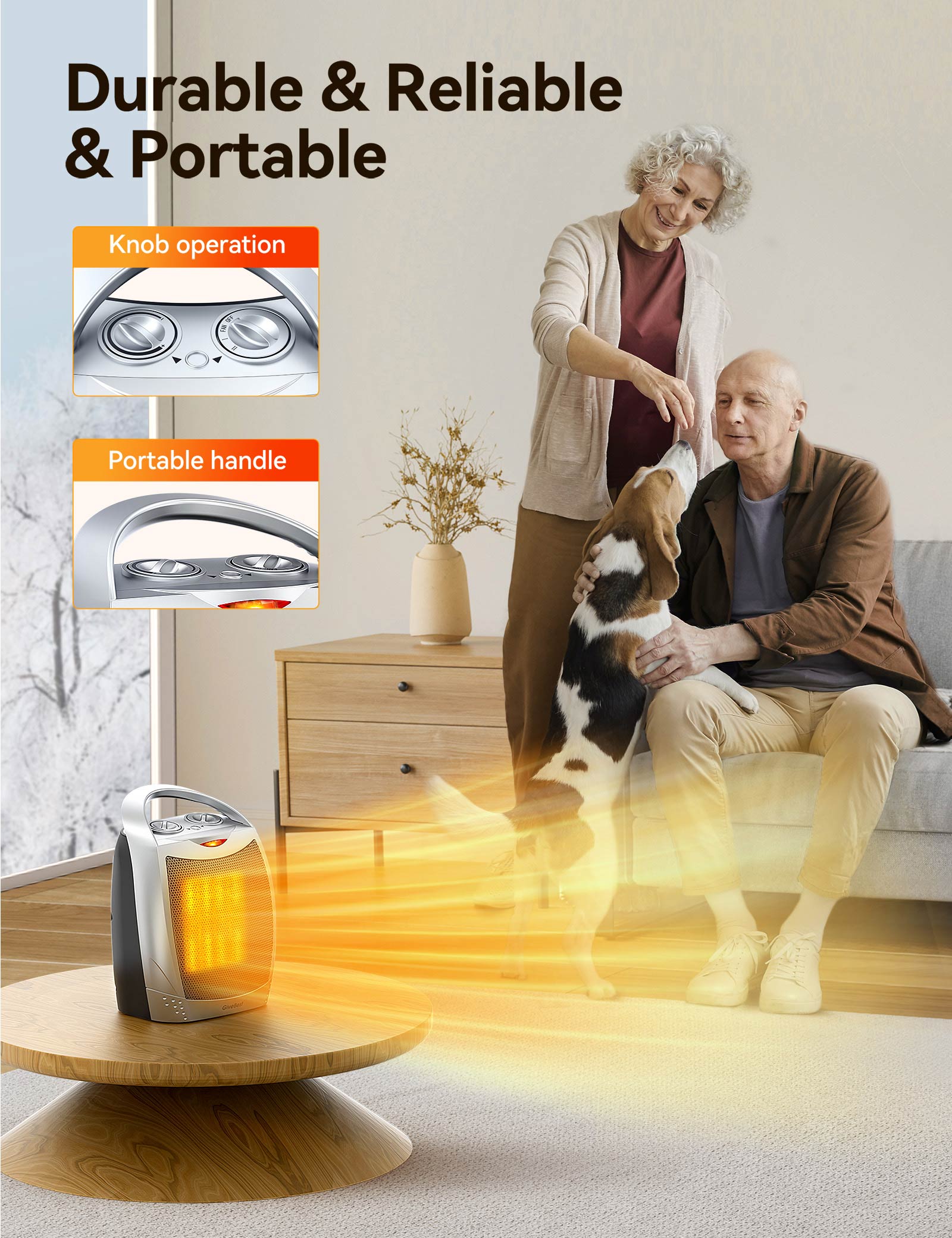 GiveBest 1500W Portable Ceramic Space Heater with Thermostat - Heats 200 Sq Ft, Silver