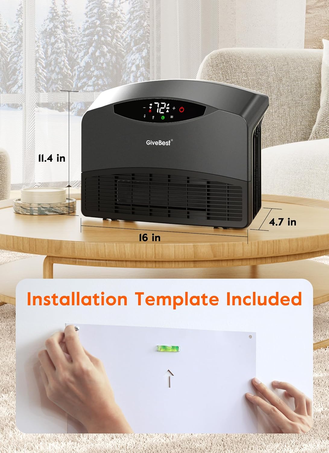 GiveBest 1500W WiFi Electric Floor/Wall Mount Heater - Remote Control & 3 Heating Modes (Grey）