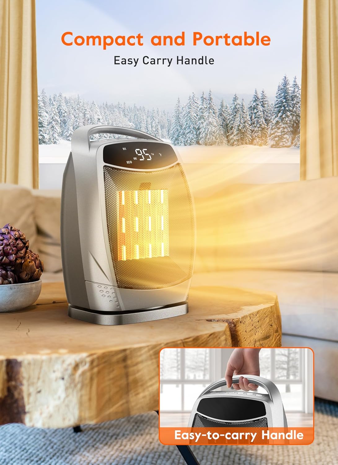 GiveBest 1500W Electric Space Heater - Digital Thermostat with Safety Features for Home & Office, Silver