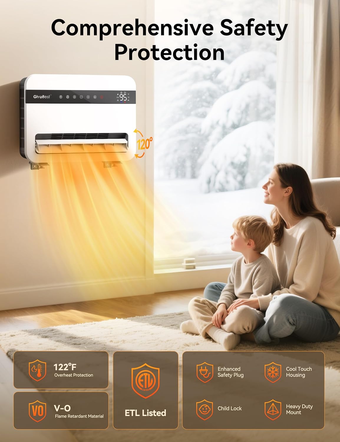 Givebest-Wall-Heater-for-Indoor-Use, 1500W Electric-Space-Heater, 120°Vertical Oscillation,Compatible with Alexa, Adjustable Thermostat, Remote Control, 24H Timer, Easy-mounted Heater for Indoor Use