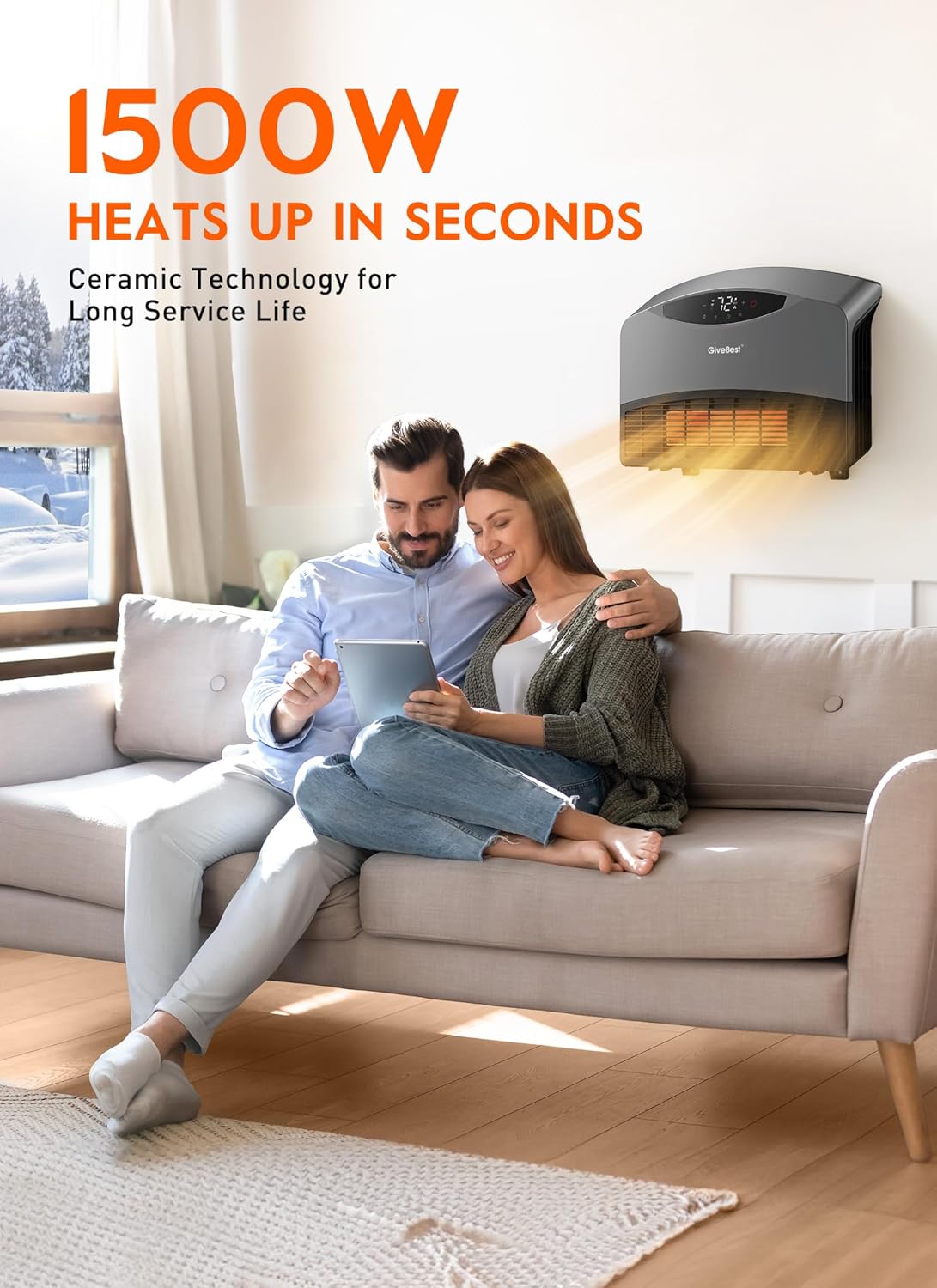 GiveBest 1500W WiFi Electric Floor/Wall Mount Heater - Remote Control & 3 Heating Modes (Grey）