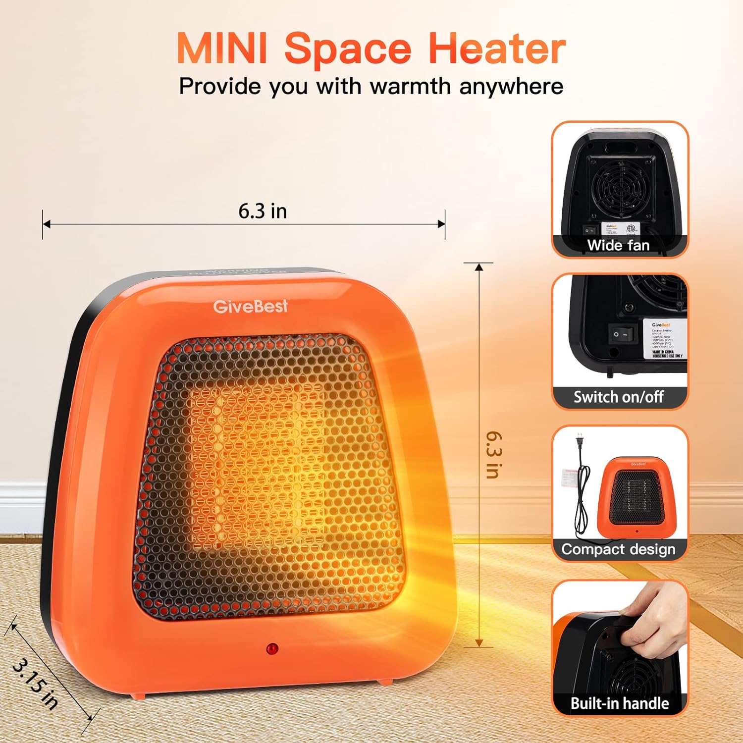 GiveBest 400W Mini Electric Space Heater - Quiet, Tip-Over Protection, Orange, for Office & Home Use