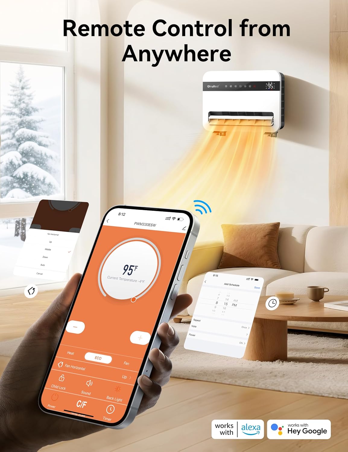 Givebest-Wall-Heater-for-Indoor-Use, 1500W Electric-Space-Heater, 120°Vertical Oscillation,Compatible with Alexa, Adjustable Thermostat, Remote Control, 24H Timer, Easy-mounted Heater for Indoor Use