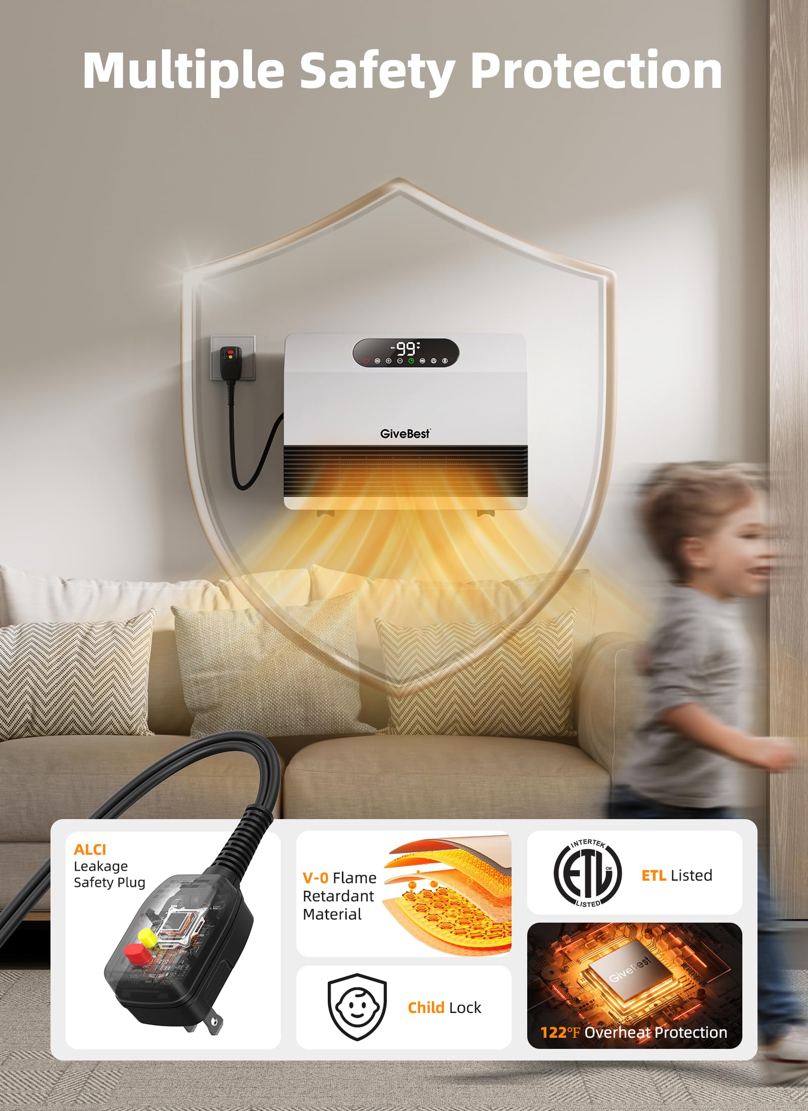 GiveBest 1500W Wall Heater with ALCI Plug – Safe for Bathroom & Bedroom, Electric Space Heater with Remote, Adjustable Thermostat, 12H Timer, Compatible with Alexa, White