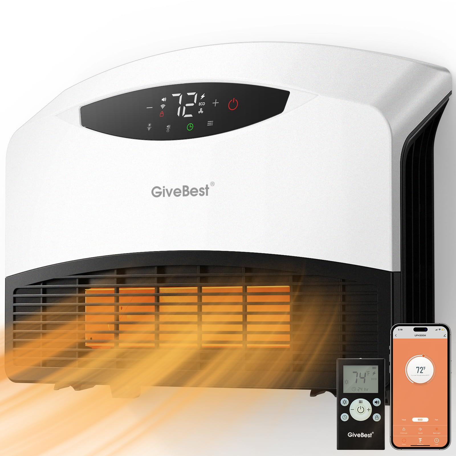 GiveBest 1500W WiFi Electric Floor/Wall Mount Heater - Remote Control & 3 Heating Modes (White)