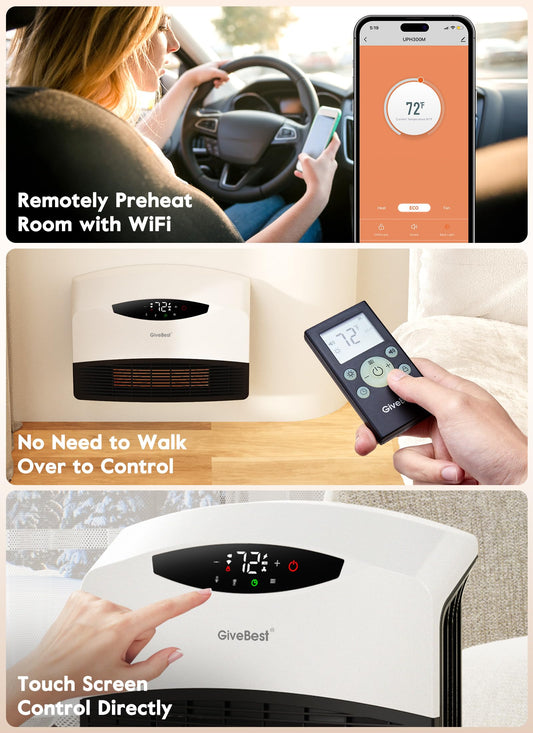 GiveBest 1500W WiFi Electric Floor/Wall Mount Heater - Remote Control & 3 Heating Modes (White)